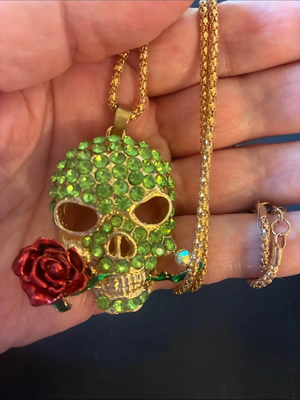 Green Crystal Skull Pendant Necklace with Red Rose Accent